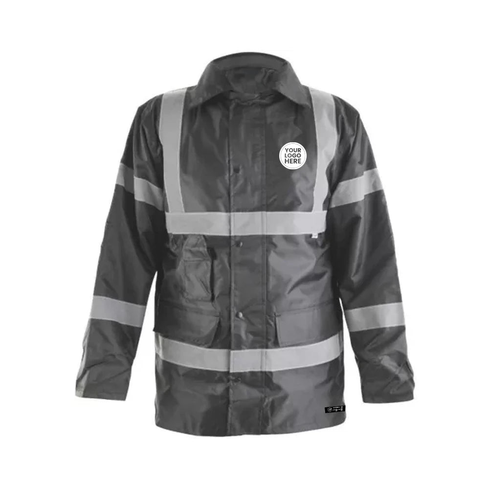Black Hi-Vis Coat with Reflective Stripes – Waterproof & Thermal Safety Jacket - Work Wear Choice