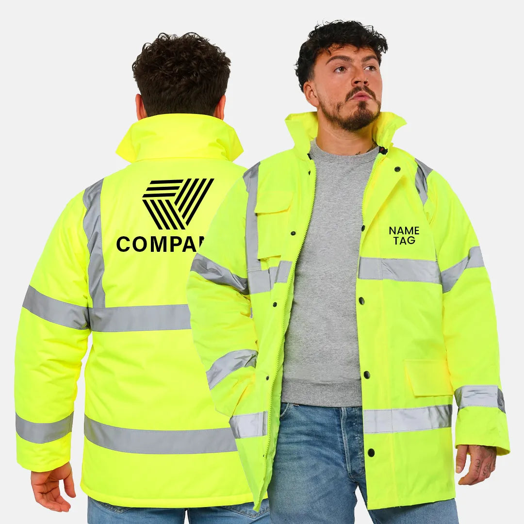 Custom Hi-Vis Waterproof Workwear Jacket – Yellow with Reflective Tape & Personalised Logo With Pocket - Work Wear Choice
