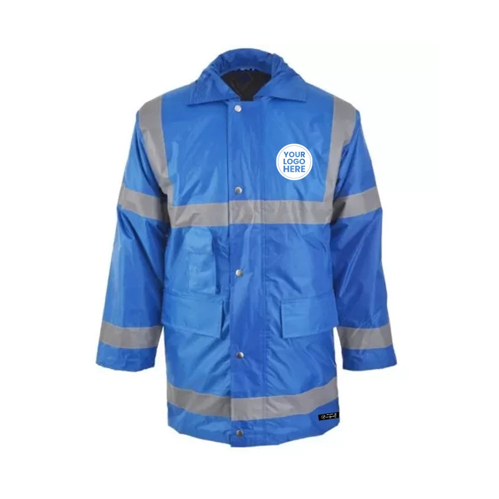 Royal Blue Hi-Vis Coat with Reflective Stripes – Waterproof Safety Jacket - Work Wear Choice